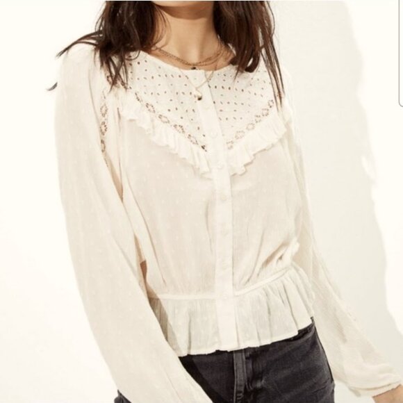 American Eagle Cottagecore Ivory Lace Ruffle Long‎ Sleeve Button Up Blouse Shirt - Picture 1 of 14